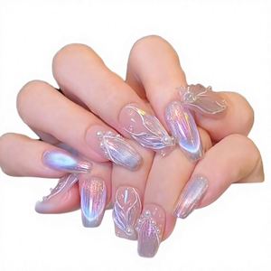 Faux ongles papillon 3D dégradé avec fleurs et perles, 24 pièces, design français, en ABS, pour application sur les doigts - Product Image 2