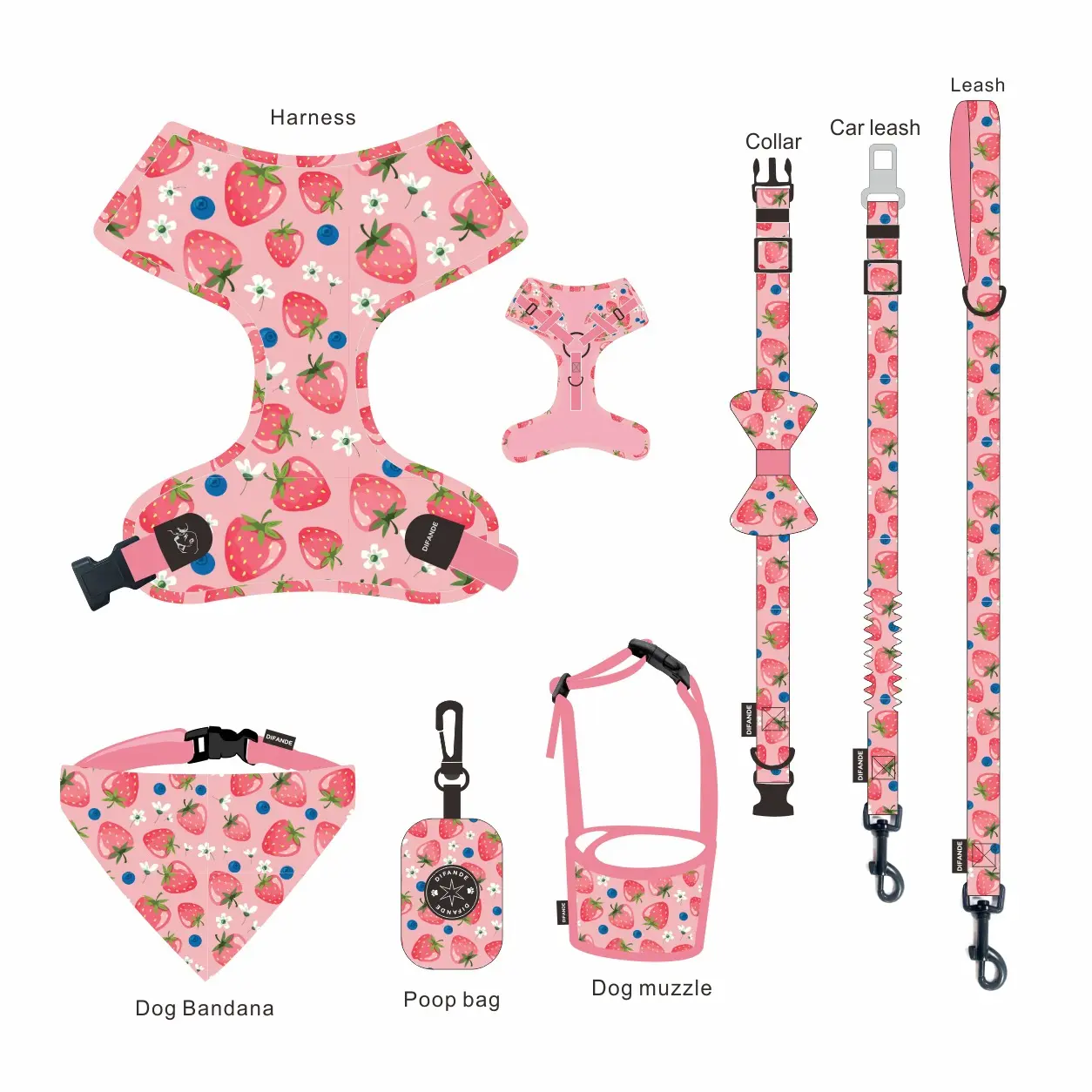 Factory Custom Design Neoprene Adjustable Dog Harness Matching Padded Leash Set with Poop Bag Dispenser for Holiday Pet Collars