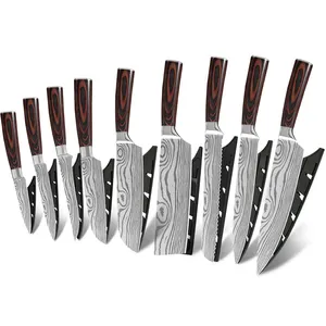Damascus Pattern Stainless Steel wood handle 9 piece cake fruit carving meat chopper sharp Japanese kitchen tools Chef Knife