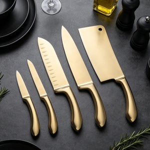 Juego de cuchillos de cocina al por mayor con revestimiento de titanio dorado, cuchillos de chef de acero inoxidable con mango hueco, 5 piezas para cocina doméstica, bricolaje, OEM, OD - Product Image 1