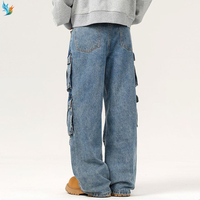 Pantalones Vaqueros Anchos de Mezclilla para Hombre, Estilo Urbano, Lavado Claro, con Múltiples Bolsillos Cargo