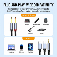 Cable de Audio 3 en 1 Tipo-C USB a Doble 6.35mm 1/4 Pulgada TS Mono, Cable Auxiliar para Teléfono, Mezclador, Amplificador, Teclado Electrónico