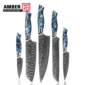 สีเหลืองอําพันหรูหรา 5 ชิ้นเชฟ Santoku ขนมปังยูทิลิตี้ผลไม้มีดชุด VG10 ดามัสกัสเหล็กชุดมีดสีฟ้าเรซิ่น Handle