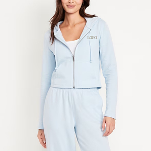 Felpa Corta da Donna Personalizzata in Velluto Felpato, Traspirante, con Zip Intera e Cappuccio con Coulisse, Giacca Casual Sportiva - Product Image 1