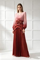 Robe longue plissée taille unique pour femme, printemps-automne, avec manches lanternes, ceinture florale, couleur dégradée et volants