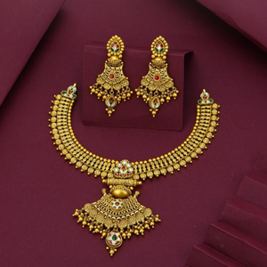 Conjunto de Collar de Boda con Diseño de Templo, Conjunto de Collar de Oro Tradicional con Pendientes, Joyería Nupcial India para Mujer - Product Image 1