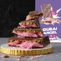 Chocolat à la pistache style Dubaï avec garniture barbe à papa, vente en gros, collation sucrée, fournisseur de confiserie OEM sous marque privée
