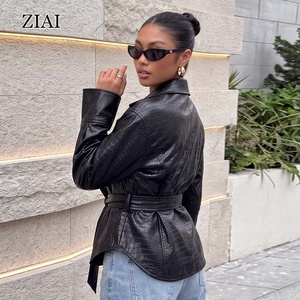 ZIAI Blazer Casual da Donna in PU <span class=keywords><strong>Nero</strong></span> Impermeabile e Antivento, in Fibra di Poliestere Tinta Unita, Autunno Inverno, <span class=keywords><strong>Oversize</strong></span> con Cintura in Vita e Cerniera - Product Image 5