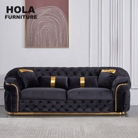 Sofa Chesterfield Mewah HOLA Hitam Persegi, Loveseat & Set Sudut Berbahan Beludru untuk Ruang Tamu Villa dengan Kaki Kayu