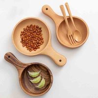 Bol en bois personnalisé de style coréen bol à salade de fruits d'acacia minimaliste avec longue poignée technique sculptée maintien durable de la maison