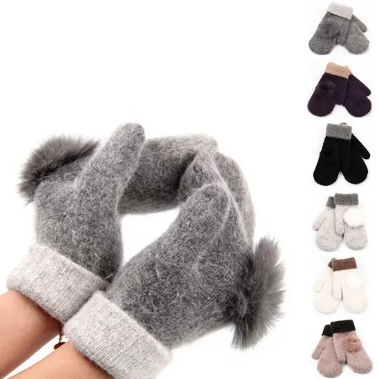 Vrouw Vrouwen Dames Hoge Kwaliteit Mode Angora Konijn Haar Wol Gebreide Winter Warme Handschoenen Wanten Met Bont Pom Voorraad Groothandel