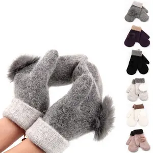 Woman Women Ladies High Quality Fashion Angora Rabbit Hair Wool Knitted Winter Warm Gloves Mittens With Fur Pom Stock Wholesale