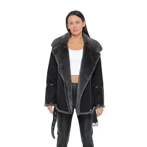 Fashionable warm bonded ladies suede women coats outdoor shearling lapel leather jacket