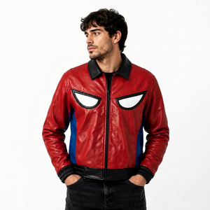 Blouson Bomber en Cuir PU Rouge et Bleu pour Homme, Imprimé Personnalisé, Fermeture Éclair, Col Rabattu, Vêtement Décontracté pour l'Automne - Product Image 1