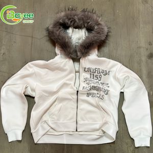 Sweat à capuche surdimensionné Y2k personnalisé avec impression sur la <span class=keywords><strong>fermeture</strong></span> éclair, en molleton français, <span class=keywords><strong>fermeture</strong></span> éclair, capuche en fausse fourrure, sweat à capuche pour hommes - Product Image 3