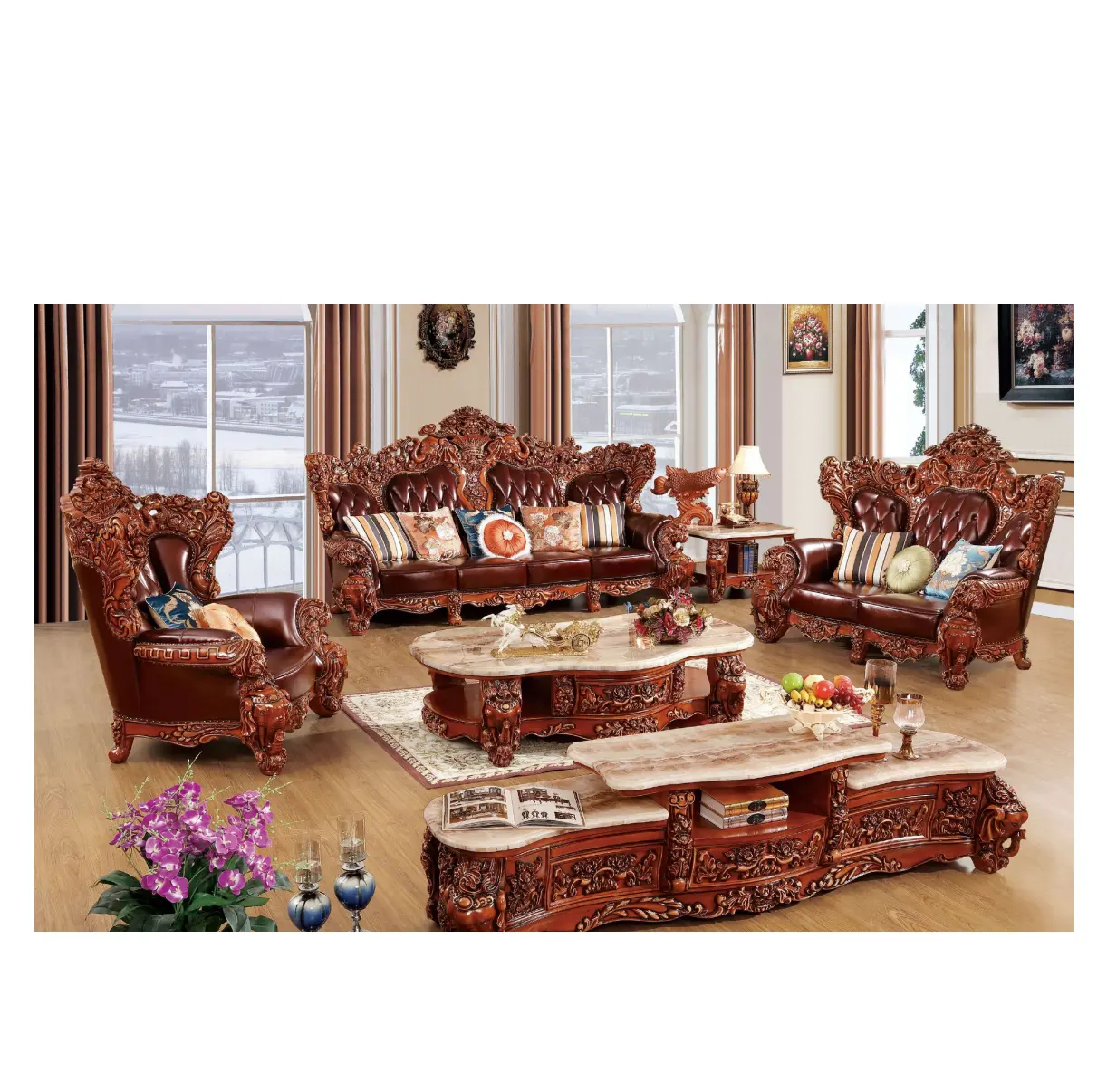 Классический Роскошный Королевский гостиной диваны из массива дерева стулья кожаный набор мебели диван