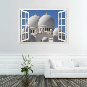 人気の3D 3D偽の窓、イスラム教徒のEid al Adhaのリビングルームの背景の壁のステッカー、壁画