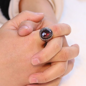 Stainless Steel <b>Ring</b> 20mm Red And Black Oval Stone Bezel Setting Fashion Jewelry Gift For Women <b>Men</b> - Product Image 3