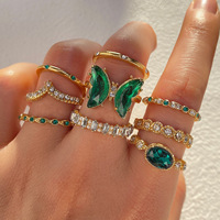 Lot de bagues superposées rétro émeraude en alliage plaqué or pour femme, bijoux de fête, cadeau, vente en gros