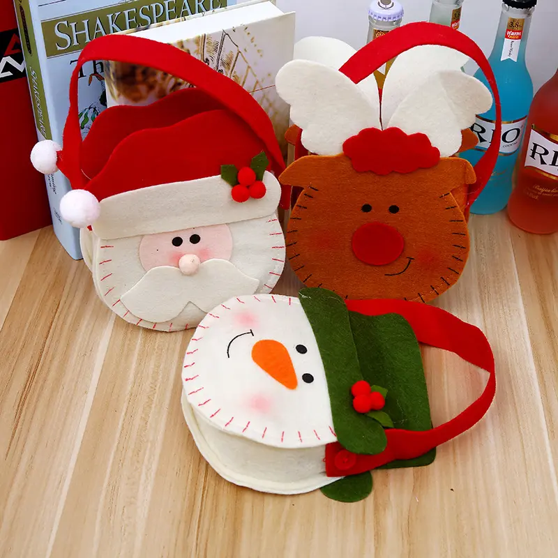 Cesta de feltro não tecido para decoração de Natal, sacola de presente para crianças, sacola de presente para papai Noel, renas e boneco de neve