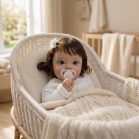Boneka Bayi Reborn 22 Inci, Vinyl Lembut, Dilukis Tangan, Realistis, Bayi Perempuan Baru Lahir, Rambut Keriting Cokelat, Mata Biru, Pakaian Rajut Putih