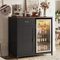 Meuble bar industriel en bois pour café et spiritueux avec mini-réfrigérateur, prise électrique, tiroir de rangement et porte-verres à vin pour cuisine domestique