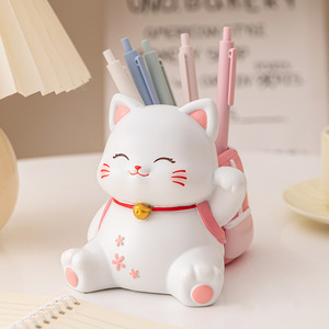 Figurine de <span class=keywords><strong>chat</strong></span> porte-bonheur en résine faite à la main, <span class=keywords><strong>Maneki</strong></span> <span class=keywords><strong>Neko</strong></span>, porte-pinceaux de maquillage, organisateur de bureau, cadeau pour filles, décoration de la maison et du bureau - Product Image 3