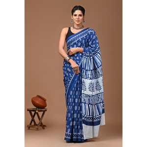 Sari de Algodón Mulmul Estampado con Blusa a Juego, Sari de Algodón Mulmul Ligero y Elegante - Cómodo para Uso Diario - Product Image 1
