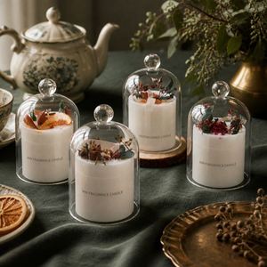 Bougie artistique parfumée blanche élégante MW avec fleurs séchées sous cloche en verre, décoration d'intérieur - Product Image 4