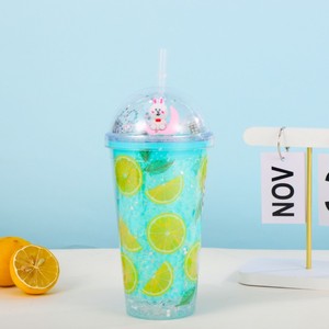 Lovely 450ml Four Color Summer Fruits Themed Double Wall <b>Plastic</b> Straw Tumbler with Decorative Silver Glitter Filled Dome Lid - Product Image 2