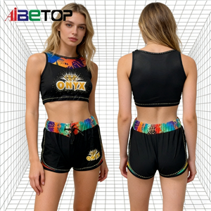 Conjunto Deportivo Inspirado en la Moda Urbana <span class=keywords><strong>para</strong></span> Prácticas de Animación |   Top corto y pantalones <span class=keywords><strong>cortos</strong></span> negros con pedrería y ribete degradado arcoíris <span class=keywords><strong>para</strong></span> <span class=keywords><strong>adolescentes</strong></span> atrevidas - Product Image 3