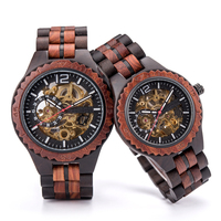Montre Couple Automatique en Bois Mécanique de Luxe, Bracelet Acier Lumineux, Boîtier Squelette en Bois, Style Décontracté et Tendance, Vente en Gros