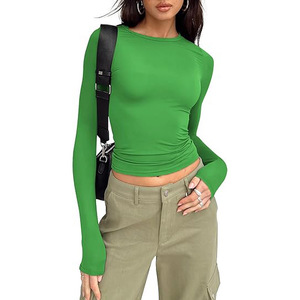 Printemps été femmes Slim T-Shirt décontracté à manches longues col rond solide bas chemise dame pull chemisier haut - Product Image 6