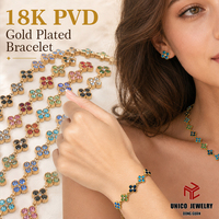 Gelang Baja Anti Karat Berlapis PVD 18K dengan Kristal Rhinestone Berkilau Nan Indah, Berbentuk Semanggi Berdaun Empat, Perhiasan Tenis Pelangi untuk Wanita