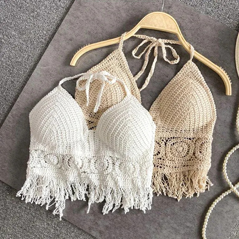 Sexy Boho Beach holy canottiera da donna lavorata all'uncinetto costume da bagno reggiseno senza schiena canotta con nappina cava canotta da donna