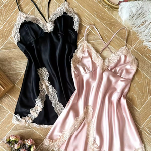 Nouvelle chemise de nuit en satin 2026 avec dentelle contrastante, col en V, robe de nuit érotique dos nu, pyjama doux pour femme - Product Image 4
