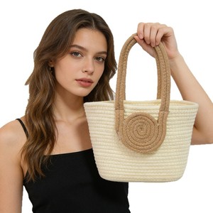 Sac seau tressé en paille couleur unie pour femme, sac de plage, usage quotidien, Printemps 2026 - Product Image 5