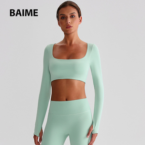 2025 nuevo cuello cuadrado de manga larga Yoga Top <span class=keywords><strong>ropa</strong></span> Slim Fit Active Wear Fitness Shirt - Product Image 3