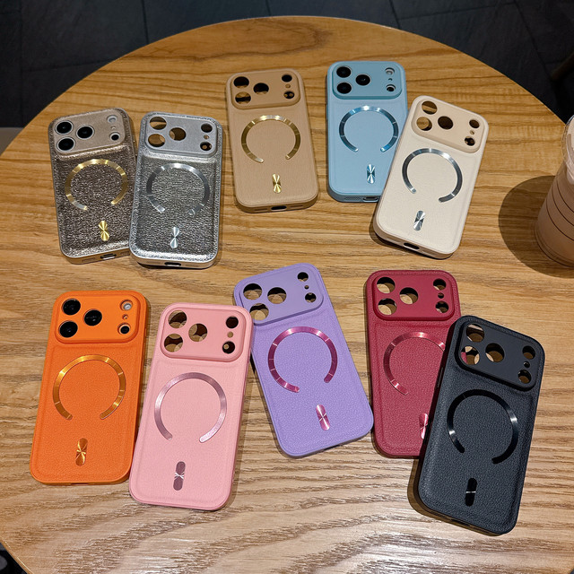 Litchi Texture PU Leather Simple Phone Case for iPhone Air 12 13 14 15 16 17 Pro Max Wireless Charging Magnetic Shockproof Cover
