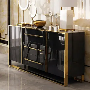 2022 High Quality Luxury 2 Door 3 Drawer Cabinet Gold Stainless Steel Sideboard Black Wood Buffet for Home Hotel