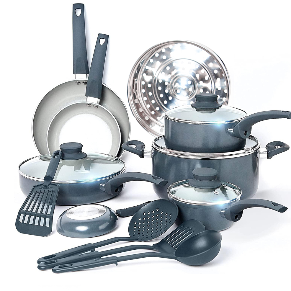 16pcs Light Grey Aluminum Nonstick Cookware Set with Cooking Tools Modern Design Eco-Friendly Multifunctional Metal Kitchenware · image 4