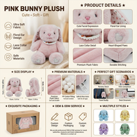 Boneka Hewan Bordir ODM dari Bahan Plush, Isi Kapas PP, Kelinci Bertelinga Panjang, Patch Alfabet yang Dapat Disesuaikan, Hadiah Mainan untuk Anak