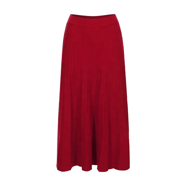 Knitwear manufacturers custom red high waist elegant casual wool blend pleated skirt maxi skirts for women long knit skirts