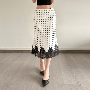 Women's Polka Dot <b>elastic</b> Satin Midi Skirt, Black <b>Lace</b> Trim Scalloped Hem High Waist Pencil Skirt - Product Image 3