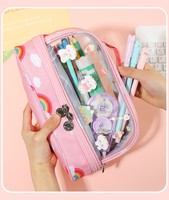 Nouveau mignon papeterie stockage porte-crayon grande capacité Double couche arc-en-ciel Transparent stylo boîte
