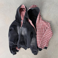 Vestes à fermeture éclair personnalisées à motif écossais, sweats à capuche double couche en tissu gaufré pour hommes, 100% coton, sweats à capuche réversibles en tricot gaufré de haute qualité