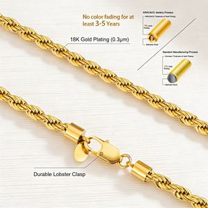 Vente en gros de colliers en acier inoxydable plaqué or 18 carats pour homme, chaîne torsadée en forme de corde, 2,5 mm, 3 mm - Product Image 3