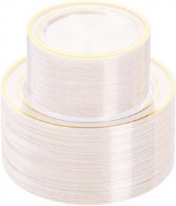 Juego de Vajilla Desechable Dorado Transparente, Platos de Plástico de Grado Alimenticio a Prueba de Fugas para Fiestas, Bodas y Cumpleaños, Estilo Clásico - Product Image 1