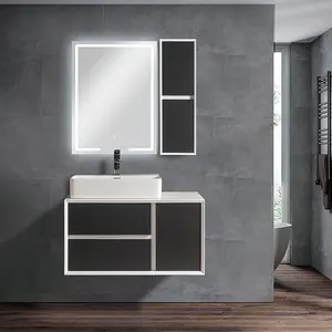 Tezgah lavabosu ile büyük mat siyah duvara monte sol yan yan kabin banyo vanity