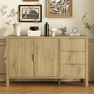 Modern Wave Pattern Sideboard With 3 <b>Drawers</b> Large <b>Storage</b> Buffet Cabinet With Hooks And Extra Center Leg - Product Image 1